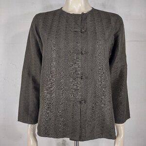 Eileen Fisher dark green Linen Silk blend frog closure blouse shirt womens Small